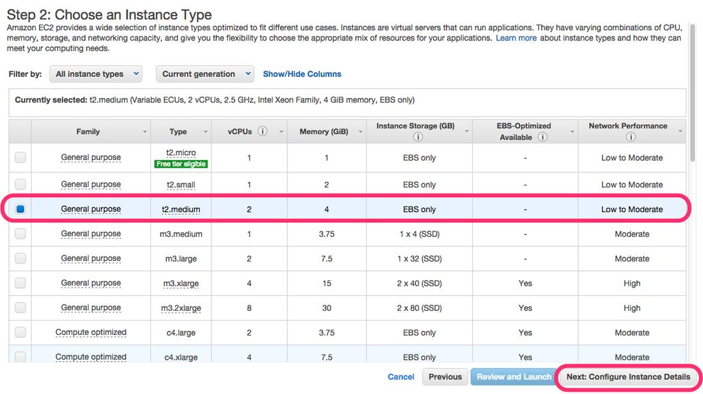 5. In the Choose Instance Type tab, select the t2.medium instance size and click Next: Configure Instance Details 6.