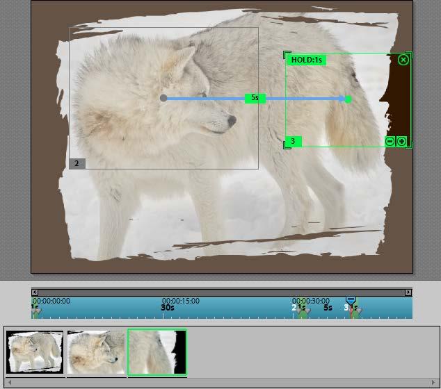 In this example, the clip begins full screen in frame 1, zooms into a close up of the dog on the left, holds for one second, and then pans to the dog on the right