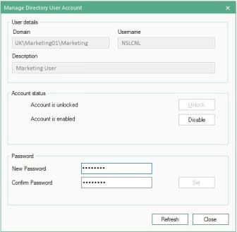 for administering AD-managed user accounts. Operators can check the status of the account, reset if needed, and assign new passwords.