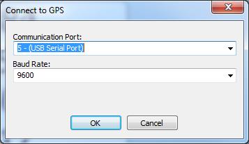 5.1.3. Connect to GPS Window Figure 5-4 Connect to GPS Window 1. Select the correct Communication Port 2.