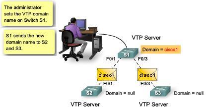 Domain name propagation uses three VTP components: servers, clients, and advertisements.