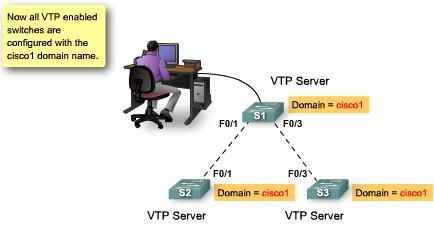 VTP domain names have not been configured. The network manager configures the VTP domain name as cisco1 on the VTP server switch S1.