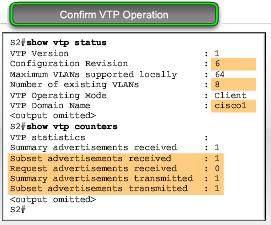 Confirm VTP Operation There are 2 commands for confirming that VTP domain and VLAN configurations have been transferred.