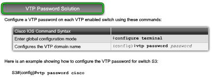 Troubleshooting VTP: VTP Password Issues When using a VTP password to control participation in the VTP domain, ensure that the password is set correctly on all switches in the VTP domain.