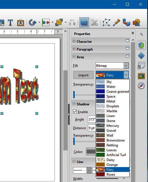 The Area, Fill tool provides Color, Gradient, Hatching, Pattern, or None options for controlling the fill of