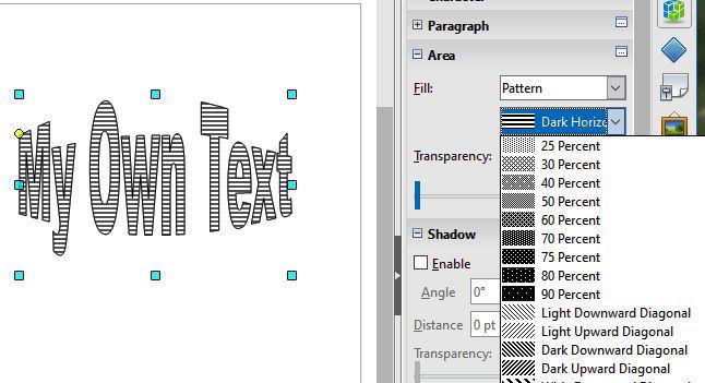 The Area, Fill, Color option provides a collection of solid colors for the fontwork text fill.