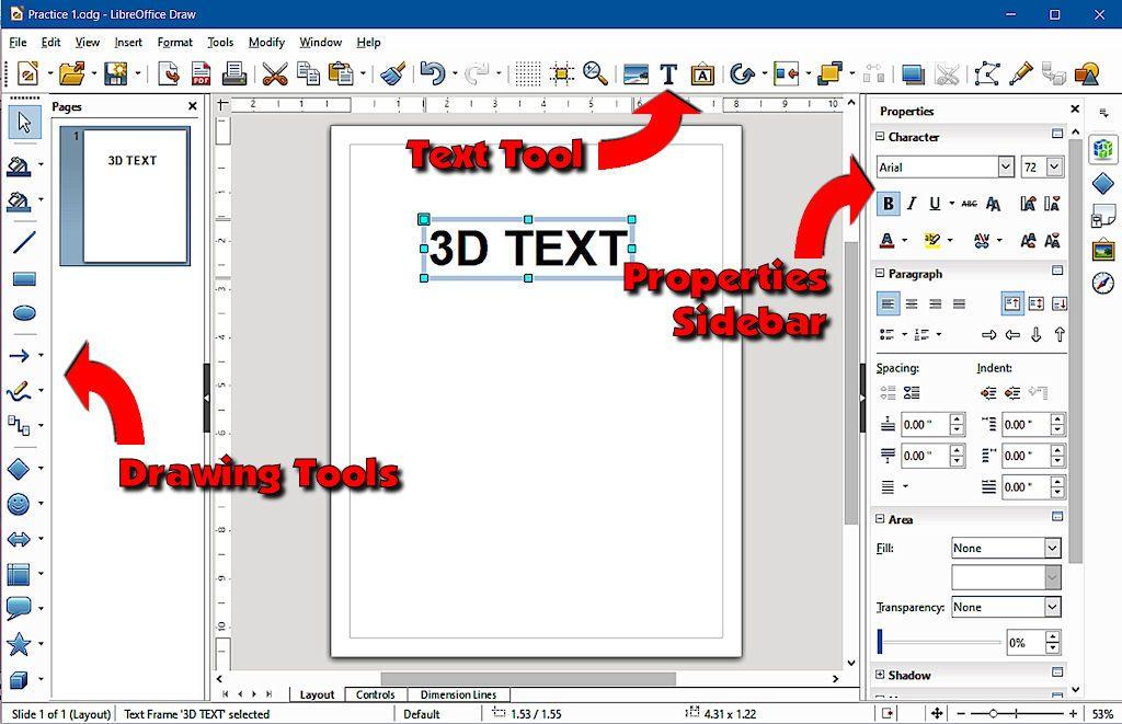 Select the 3D TEXT and use the Properties Sidebar to set the font to Arial 72 bold.