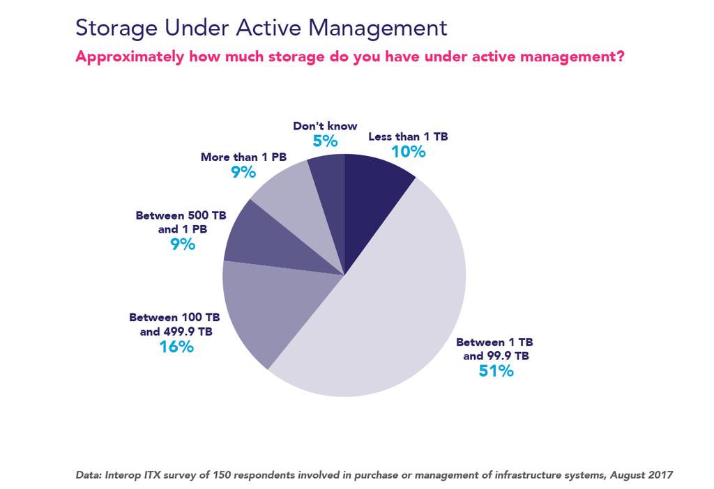 To get an idea of the quantities of data being stored, we asked how much data storage IT leaders have under active management.