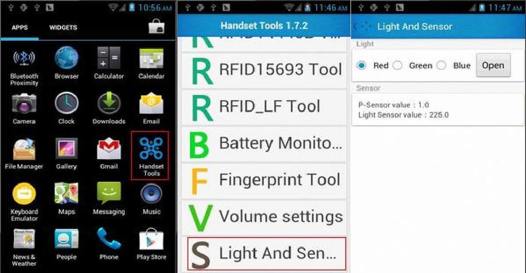 1. Open the Volume Setting demo in Handset Tool; 2. Set the volumes based on the requirements; 7.5 Light And Sensor 1.