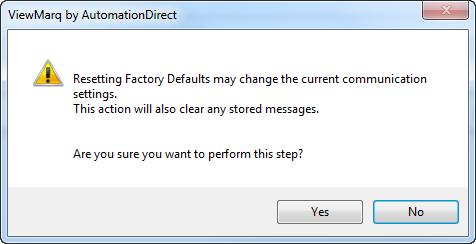Reset Factory efaults action will set communication parameters to the defaults: The ViewMarq name will be reset The IP address will be set back to Obtain ddress from HP Server Port will be