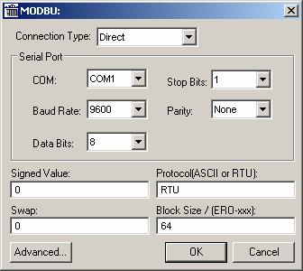 The MODBU: Communication Parameters dialog displays: MODBU: Communication Parameters Dialog 4.