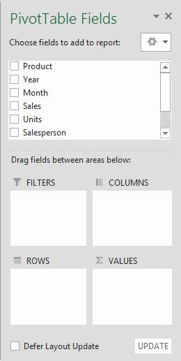 Drag the Product field from here down to the Filters area The Product field is also displayed in the PivotTable grid as shown below.