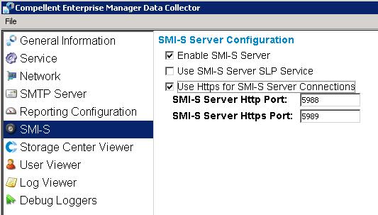 Enable the Dell Compellent SMI-S Server Enable the SMI-S Server in the Enterprise Manager Data Collector GUI.