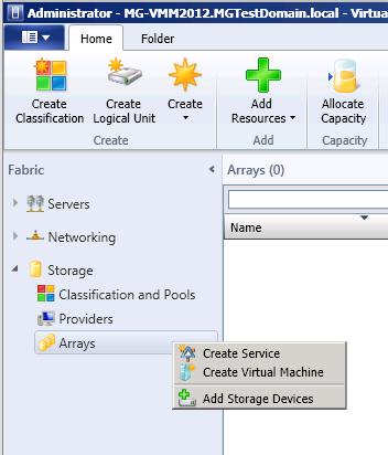 Figure 16: Add storage devices to SCVMM 2012 2) Expand Storage, right click on Arrays and choose Add Storage Devices from the drop down list as shown in Figure 16.