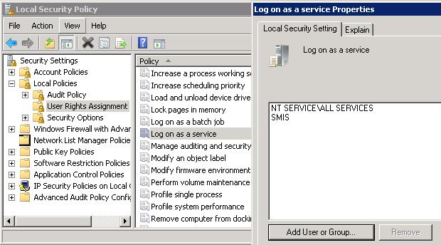 Figure 44: Grant local user the Log on as a service right 3) On the Data Collector server, go to Start Administrative Tools Local Security Policy.