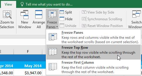 To unfreeze panes: If you want to select a di erent view option, you may first need to reset the spreadsheet by unfreezing panes.
