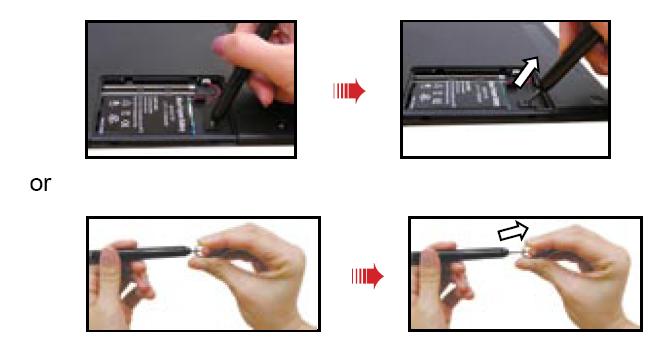 2. Pull out the old cartridge. Insert the pen tip into the clip hole in the cartridge compartment.