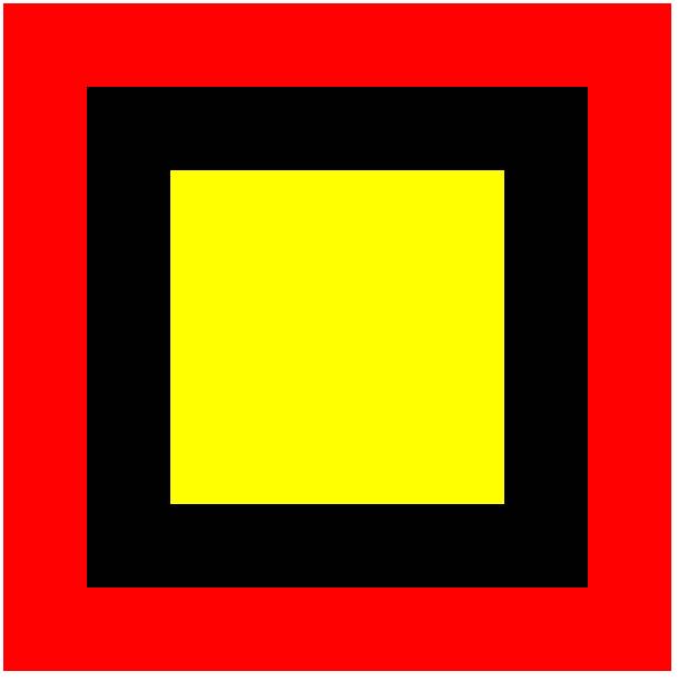 Exercise - nested boxes The outer border of the box is red, the inner border of the box is black, and the inner background color of the box is yellow.