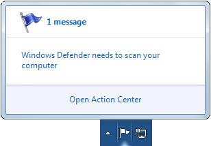 13 As you can see, Windows 7 is telling us that there is 1 message, and that it's to do with Windows Defender.