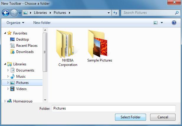 15 + The Folder text box at the bottom then says "Pictures". Click the Select Folder button.