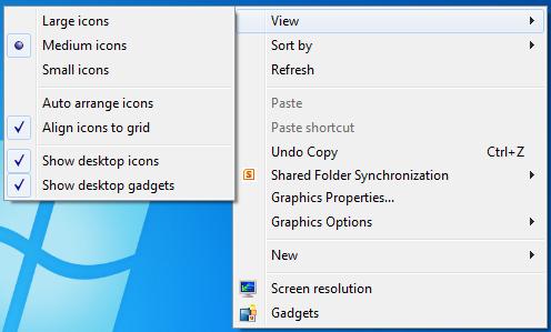4 4. Change Desk top Icons View To change your icons View click Right mouse button on an empty space on desktop, menu appears choose icon size.