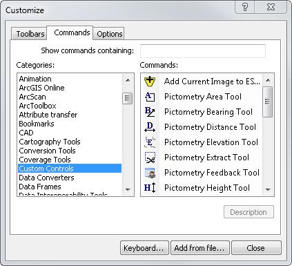 The Pictometry toolbar 2 On the Customize dialog, click the Commands tab. 3 Select Custom Controls for the category.
