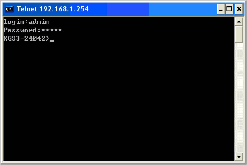 7. Telnet Management Login to the Telnet configuration interface. Valid login name and password are required, otherwise the Managed Switch will reject Telnet access.