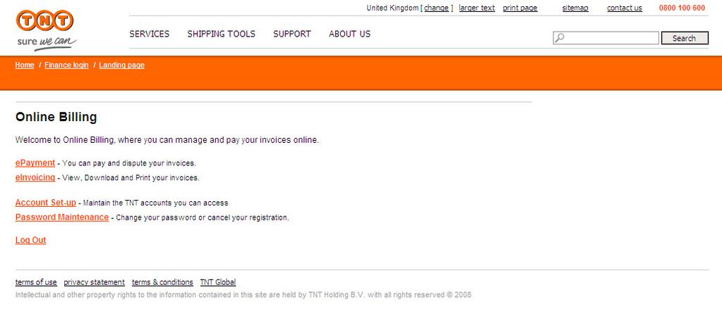 logging in to Online Billing with TNT Once you ve logged in, you enter the Online Billing landing page.