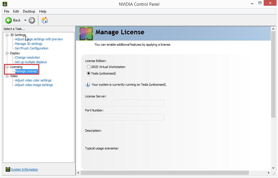 Licensing with passthrough. In NVIDIA Control Panel, select the Manage License task in the Licensing section of the navigation pane, as shown in Figure 3.