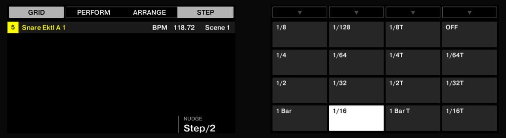 Creating Beats with the Step Sequencer Adjusting the Step Grid 2. Press Button 4 to select STEP and access the Step Grid s resolution setting.