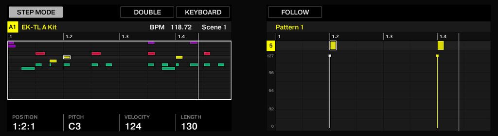 Creating Beats with the Step Sequencer Building Up a Beat in Step Mode If you decided to create a Pattern more than 16 steps long, you can use Button 7 and 8 above the right display to switch between