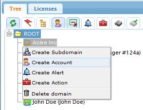 6. Right click the new domain, and select Create Account (If the new domain is still called [New Domain] in the tree, just double click the icon) 7.