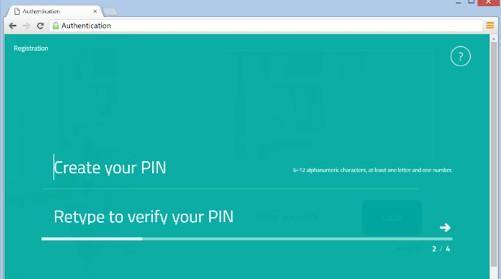 Next create the PIN to use for login, and select the Continue arrow. Please make note of the PIN as you will use it to log on following registration.