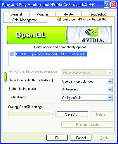 OpenGL Settings properties Performance and Compatibility options. Disable support for enhanced CPU instruction sets.