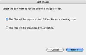 Sorting Images (1/2) You can sort selected images into folders by the shooting dates or by Star Ratings. Selecting a Sorting Method 1. Select the images to sort in the Browser Area. 2.