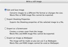Exporting Images (1/3) This section explains how to change the size, resolution or data type of a selected image and write it to a new file, and to export the shooting information to a text file.