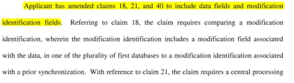 example, in a distributed database environment, the patent claims comparing modification identifiers (e.g., timestamps) to identify that data has been modified in a database and updating another database with the altered data.