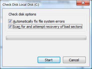 8. Vista/Win 7 -The Checking Disk C dialog box will inform you the disk check could not be performed and will offer you the option to schedule the task at the next Start-up. 9.