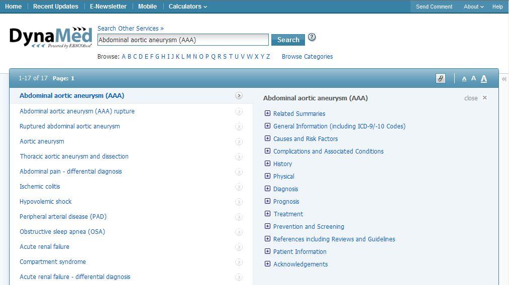 DynaMed Result List The DynaMed Result List allows you to preview the sections/subsections of a topic and navigate directly to a section from the