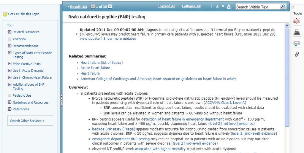 DynaMed displays the Result List of items that exist in the Critical Care Diagnostic Testing