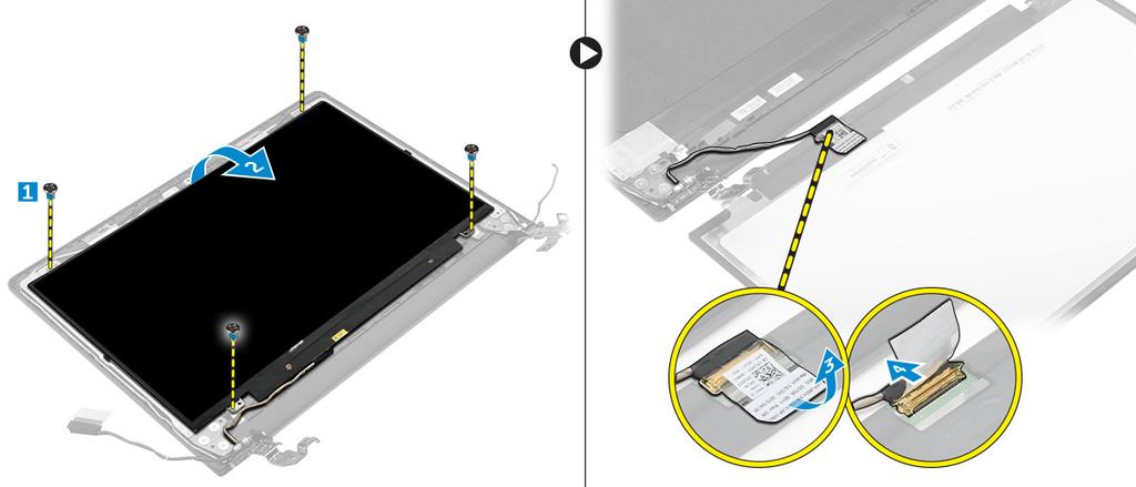 k l m power connector port display assembly display bezel 3 To remove the display panel: a Remove the screws that secure the display panel to the display assembly [1].