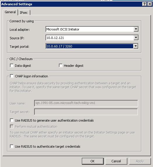 Click Advanced to open the Advanced Settings window. 8. Configure the Advanced Settings as follows: For Local adapter, select Microsoft iscsi initiator.