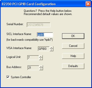 The GPIB Card Configuration screen appears: NOTE The MSD ChemStation requires use of the