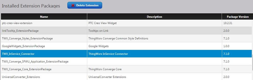 Deleting Extensions To delete an extension, complete the following steps: 1. From the Import/Export menu in the ThingWorx Composer, select Extensions Manage.