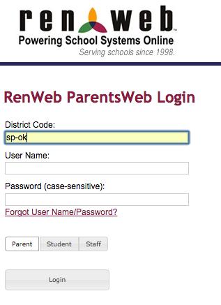If you have yet to create your RenWeb account, follow steps 1-3 above, then click Create New ParentsWeb Account. a. Input school s District Code which is SP-OK, and enter the email address that you provided to the school when you first applied.