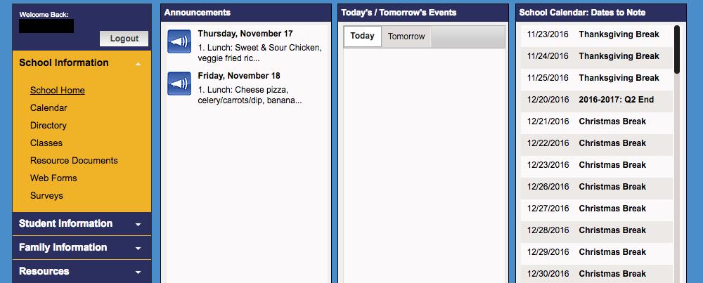 School Information Tab: From this tab you can view the calendar, view