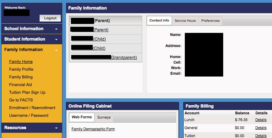 Family Information Tab: From the Family Information tab, you can view and edit your contact information, see lunch balance, link to FACTS, update your password, etc.