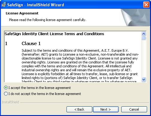 Upon clicking Next in the Welcome to the InstallShield Wizard for SafeSign window (Figure 4), the SafeSign Identity Client InstallShield Wizard License Agreement window is displayed, allowing you to