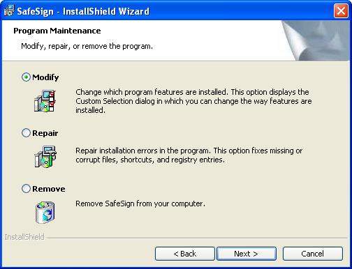 Upon clicking Next, the Program Maintenance window will appear, allowing you to modify, repair or remove the program: Figure 19: InstallShield Wizard: Program Maintenance (Modify) Select Modify (as