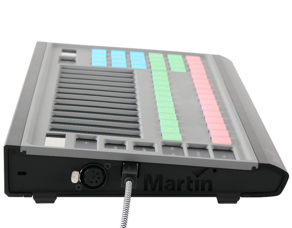 Martin M-Touch features Rugged aluminium shell with composite inserts DMX port: 1 x 5-pin locking XLR (on left side) Windows PC connection/requirement: 1 x